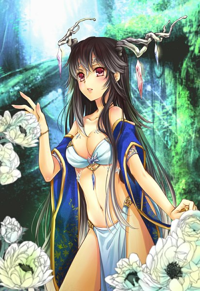 Anime picture 800x1163 with original kingchenxi single long hair tall image blush breasts light erotic black hair red eyes horn (horns) girl navel flower (flowers) crystal