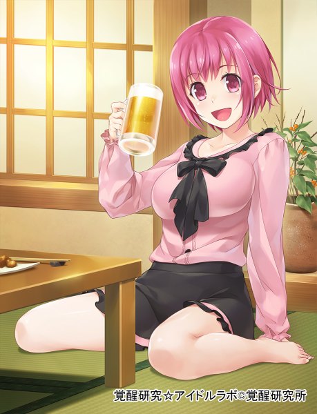 Anime picture 919x1200 with original wacchi single tall image looking at viewer short hair open mouth pink hair pink eyes barefoot bare legs girl dress flower (flowers) table alcohol beer