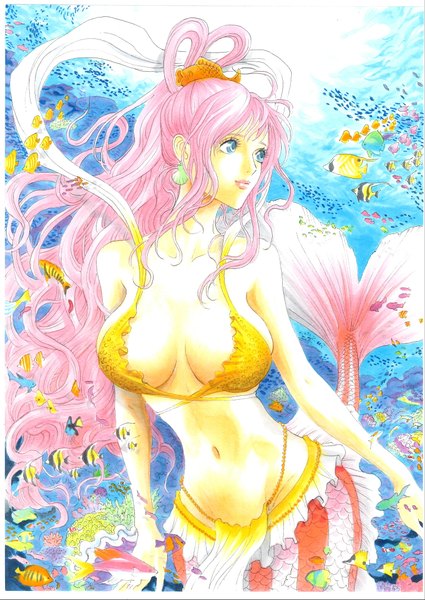 Anime picture 3011x4253 with one piece toei animation shirahoshi marlboro (artist) single long hair tall image highres breasts blue eyes light erotic large breasts looking away pink hair absurdres underwater girl navel hair ornament animal