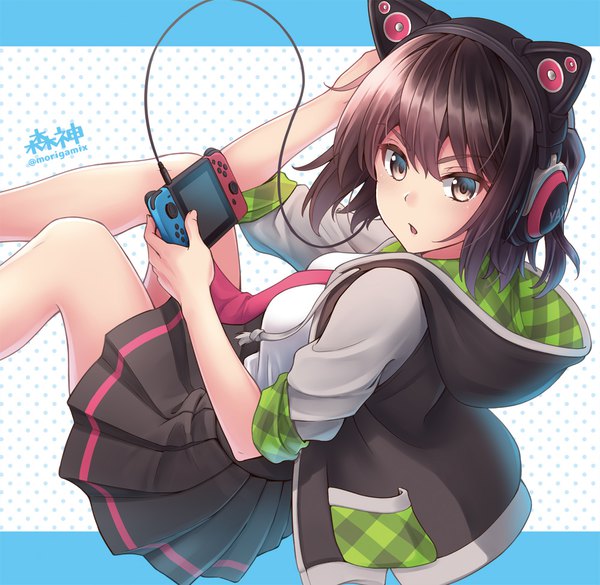 Anime picture 1000x975 with kantai collection nintendo axent wear headphones sendai light cruiser morigami (morigami no yashiro) single blush fringe short hair open mouth brown hair holding brown eyes signed animal ears looking away bent knee (knees) pleated skirt :o alternate costume