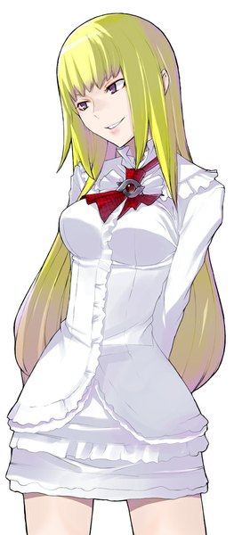 Anime picture 449x1024 with digimon tekken digimon world re:digitize namco (studio) emilie de rochefort yasuda suzuhito suzupin single long hair tall image fringe breasts simple background blonde hair smile large breasts white background purple eyes looking away long sleeves