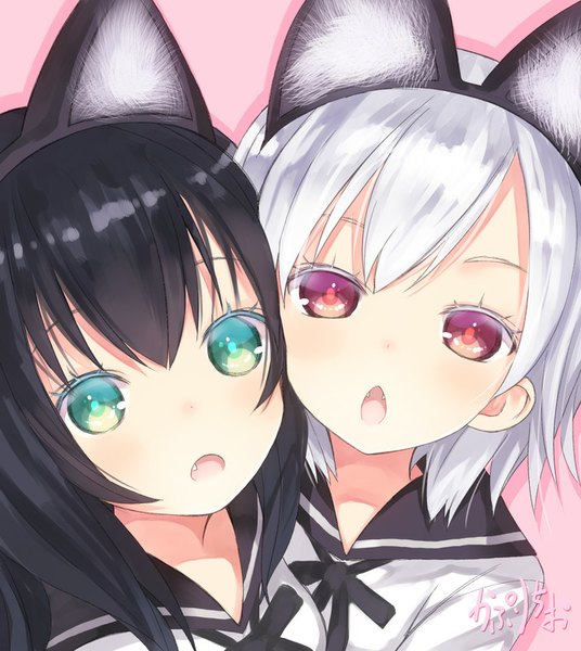 Anime picture 715x800 with original kaburi chiko ochi ripca capriccio long hair tall image looking at viewer blush fringe open mouth black hair simple background multiple girls green eyes signed animal ears white hair pink eyes cat ears teeth