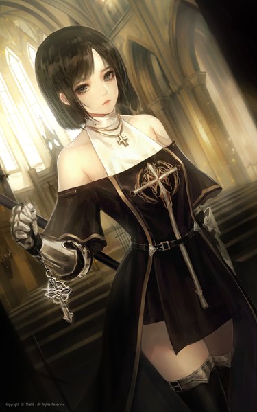 Anime picture 1218x1950 with dragon quest dungeon and fighter female priest (dungeon and fighter) shale single tall image looking at viewer short hair black hair standing bare shoulders holding signed indoors grey eyes zettai ryouiki watermark nun girl thighhighs