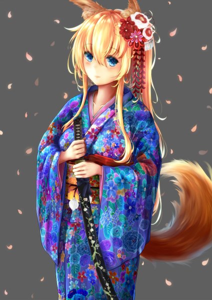 Anime picture 950x1343 with original somalisu single long hair tall image blue eyes simple background blonde hair holding animal ears tail long sleeves traditional clothes japanese clothes animal tail hair flower grey background wide sleeves fox ears floral print