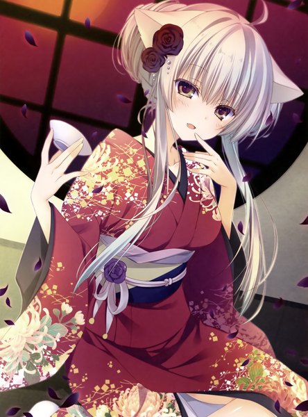 Anime picture 2537x3424 with original dengeki moeou inugami kira single long hair tall image looking at viewer blush fringe highres open mouth hair between eyes sitting holding brown eyes animal ears payot ahoge bent knee (knees) traditional clothes