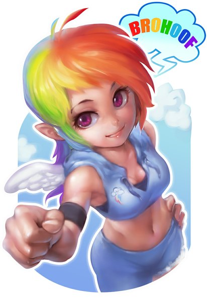 Anime picture 793x1155 with my little pony rainbow dash phantom (ptcrow) single long hair tall image blonde hair blue hair purple hair red hair pink eyes multicolored hair green hair orange hair hand on hip personification girl navel wings