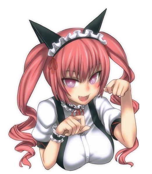 Anime picture 1044x1200 with steins;gate white fox faris nyannyan asanagi single tall image blush short hair open mouth white background purple eyes twintails animal ears red hair cat ears teeth maid fang (fangs) fake animal ears paw pose