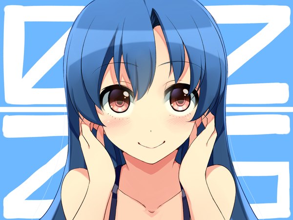 Anime picture 1024x768 with idolmaster kisaragi chihaya 7zu7 single long hair looking at viewer blush smile red eyes bare shoulders blue hair girl