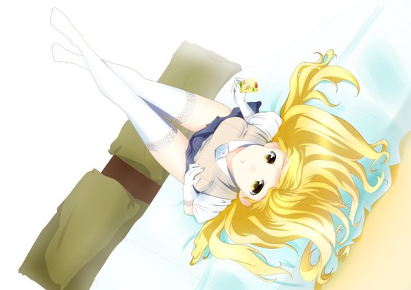 Anime picture 1414x1000 with to aru majutsu no index j.c. staff shokuhou misaki single long hair looking at viewer blonde hair yellow eyes girl thighhighs gloves uniform school uniform white thighhighs