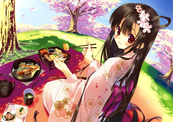 Anime picture 3300x2332 with original eshi 100-nin ten arikawa satoru single long hair looking at viewer blush highres black hair smile red eyes absurdres traditional clothes japanese clothes looking back hair flower scan cherry blossoms girl hair ornament