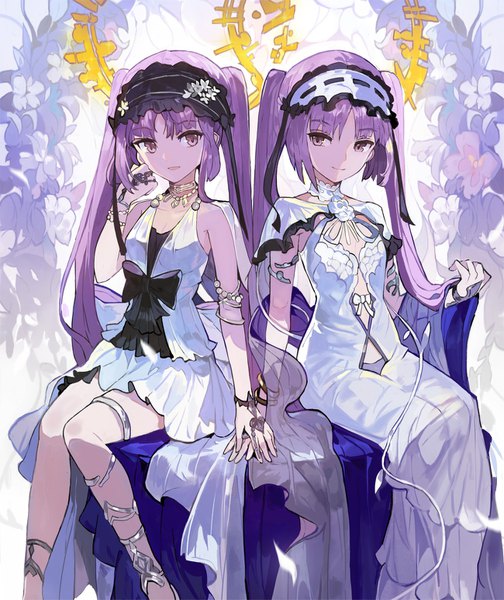 Anime picture 1300x1545 with fate (series) fate/hollow ataraxia euryale (fate) stheno alchemaniac long hair tall image purple eyes twintails bare shoulders multiple girls payot purple hair light smile holding hands siblings twins sisters girl dress