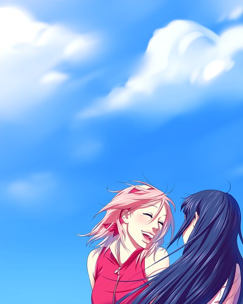 Anime picture 648x810 with naruto studio pierrot naruto (series) hyuuga hinata haruno sakura slj long hair tall image open mouth smile bare shoulders multiple girls blue hair pink hair sky cloud (clouds) eyes closed wind back ^ ^
