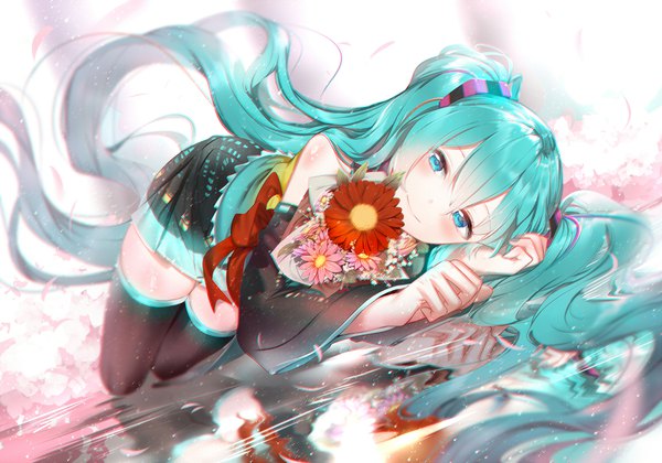 Anime picture 1100x770 with vocaloid hatsune miku phino (jinko0094) single looking at viewer blush fringe smile hair between eyes twintails bare shoulders holding lying very long hair pleated skirt aqua eyes blurry aqua hair dutch angle depth of field