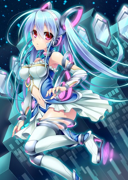 Anime picture 1600x2240 with original ueno tsuki single long hair tall image looking at viewer fringe breasts twintails blue hair cleavage pleated skirt pink eyes high heels girl thighhighs skirt navel detached sleeves