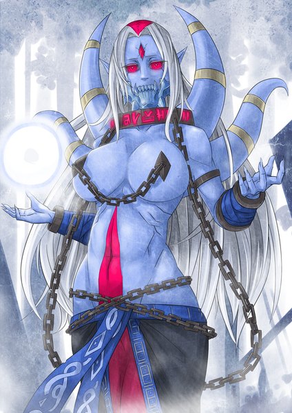 Anime picture 900x1273 with dota 2 (game) lich (dota 2) exaxuxer single long hair tall image looking at viewer breasts light erotic red eyes large breasts pointy ears grey hair magic genderswap blue skin girl chain