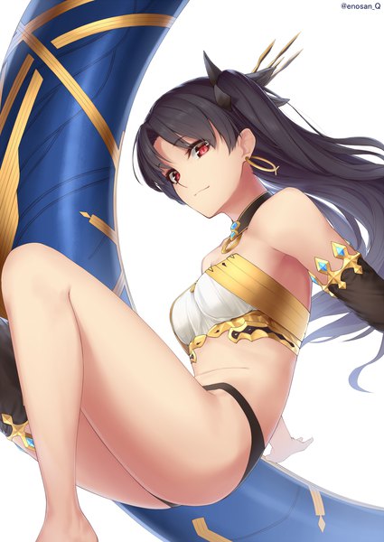 Anime picture 2000x2824 with fate (series) fate/grand order ishtar (fate) enosan single long hair tall image looking at viewer highres light erotic black hair simple background red eyes white background bare shoulders signed bent knee (knees) light smile two side up no shoes