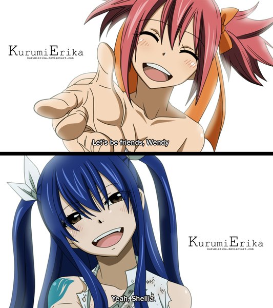 Anime picture 1280x1440 with fairy tail wendy marvell blendy shelia meiji (kurumierika) long hair tall image blush open mouth smile white background twintails bare shoulders brown eyes blue hair pink hair eyes closed inscription tattoo coloring torn clothes