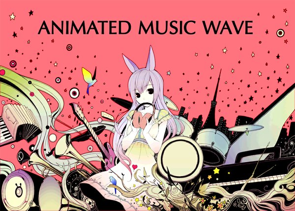 Anime picture 1000x714 with original kimura daisuke single long hair looking at viewer smile red eyes purple hair inscription bunny ears girl dress animal heart headphones bird (birds) musical instrument guitar drum trumpet