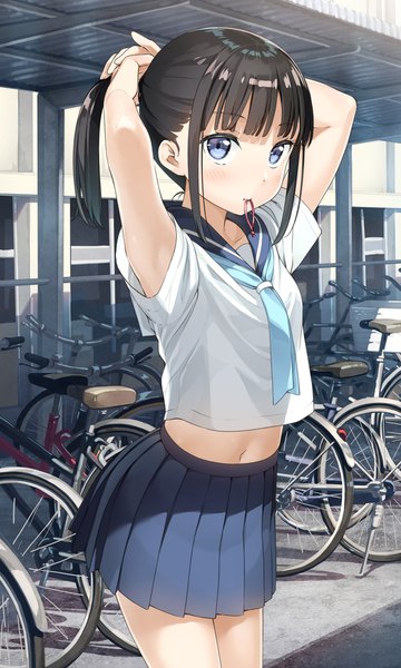 Anime picture 1242x2068 with original kantoku single long hair tall image looking at viewer fringe blue eyes black hair standing holding payot outdoors pleated skirt armpit (armpits) mouth hold adjusting hair tying hair hair tie in mouth see-through silhouette