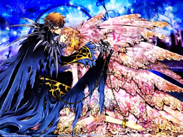 Anime picture 1600x1200 with tsubasa reservoir chronicle clamp sakura hime syaoran short hair blue eyes brown hair eyes closed profile couple torn clothes girl boy wings chain cloak