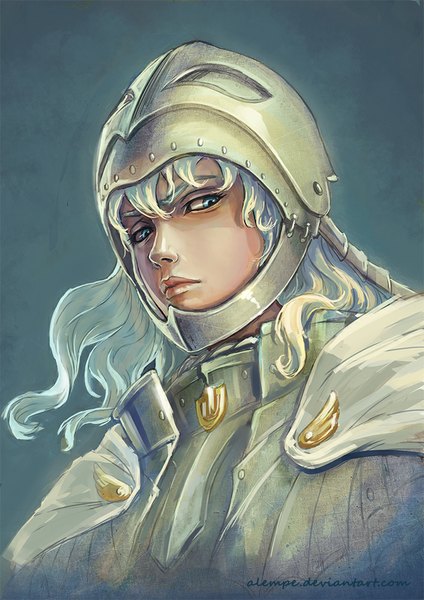 Anime picture 707x1000 with berserk griffith alempe single long hair tall image blue eyes simple background signed looking away white hair looking down boy armor helmet