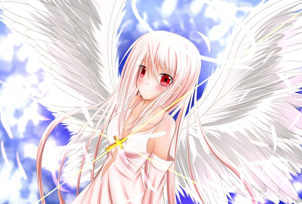 Anime picture 1640x1108 with original shiawase iro single long hair blush red eyes bare shoulders pink hair cloud (clouds) girl dress detached sleeves wings feather (feathers) cross