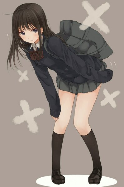 Anime picture 741x1117 with original krsk single long hair tall image looking at viewer blush brown hair standing grey eyes leaning leaning forward girl skirt uniform school uniform miniskirt shirt socks shoes
