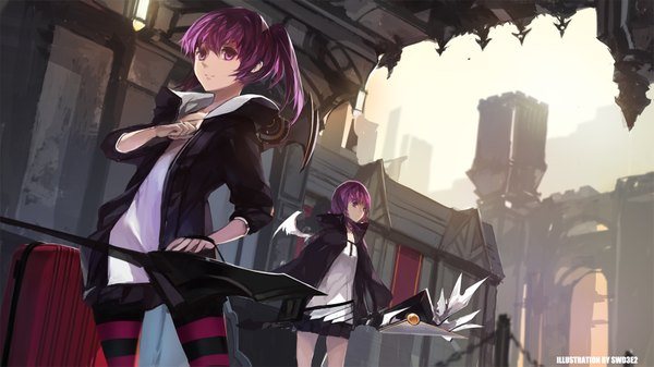 Anime picture 1719x967 with elsword aisha landar swd3e2 long hair looking at viewer highres short hair wide image twintails purple eyes multiple girls purple hair inscription open clothes open jacket dual persona girl skirt 2 girls miniskirt