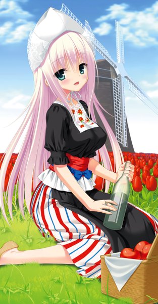 Anime picture 1300x2491 with kobuichi single long hair tall image blush open mouth blue eyes sky cloud (clouds) white hair girl dress flower (flowers) fruit bottle apple windmill