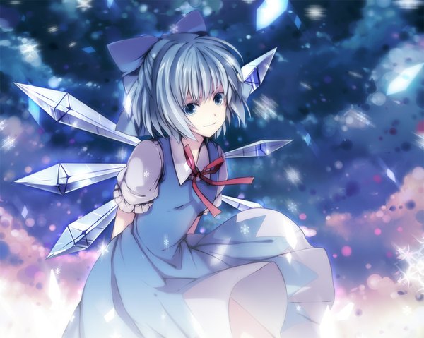 Anime picture 1024x819 with touhou cirno 6u (eternal land) single looking at viewer short hair blue eyes blue hair puffy sleeves snowing winter hands behind back half updo girl bow hair bow wings snowflake (snowflakes)