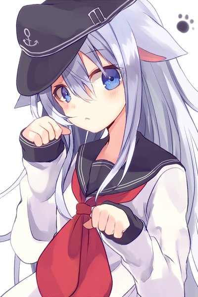 Anime picture 600x900 with kantai collection hibiki destroyer shugao single long hair tall image looking at viewer blush blue eyes simple background hair between eyes white background animal ears silver hair kemonomimi mode paw pose paw print :< nekomimi mode girl