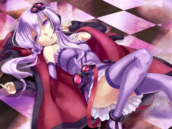 Anime picture 1282x962 with vocaloid yuzuki yukari nakasaki hydra fry no tempura single long hair looking at viewer purple eyes twintails bare shoulders purple hair lying open clothes open jacket low twintails checkered floor girl thighhighs hair ornament detached sleeves