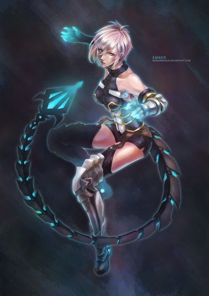 Anime picture 2480x3508 with original monori rogue single tall image looking at viewer fringe highres short hair breasts simple background red eyes looking away pink hair tail lips inscription glow girl gloves armor