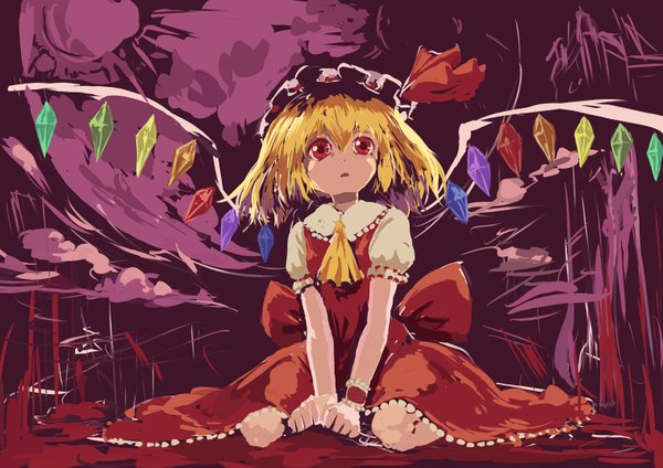 Anime picture 1518x1075 with touhou flandre scarlet kanini short hair blonde hair red eyes sitting girl dress wings bonnet crystal