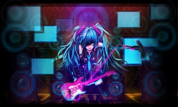 Anime picture 2001x1208 with vocaloid hatsune miku fringe highres wide image twintails hair over one eye girl necktie musical instrument guitar monitor speakers megaphone