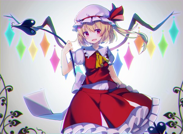 Anime picture 2668x1951 with touhou flandre scarlet koto seori single blush highres short hair open mouth blonde hair looking away :d pink eyes grey background side ponytail >:d girl skirt weapon hat wings