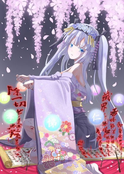 Anime picture 1069x1500 with original hadi long hair tall image blue eyes twintails bare shoulders white hair traditional clothes japanese clothes girl hair ornament petals kimono blood