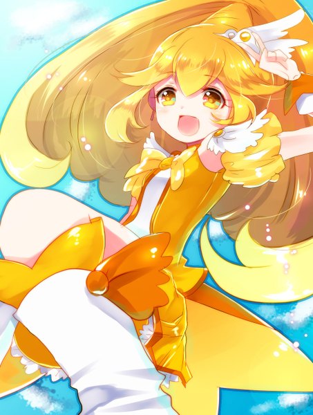 Anime picture 1040x1377 with precure smile precure! kise yayoi cure peace outlaw (artist) single long hair tall image blush open mouth simple background blonde hair yellow eyes ponytail victory blue background jumping girl dress thigh boots