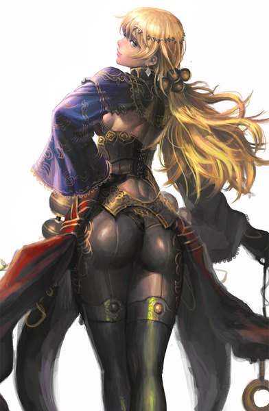 Anime picture 650x995 with kilart (artist) single long hair tall image looking at viewer fringe light erotic blonde hair standing white background yellow eyes ass tail looking back wind from behind alternate costume hand on hip lipstick thighs