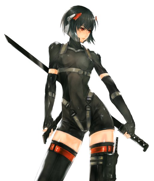 Anime picture 1027x1200 with ghost in the shell metal gear metal gear solid production i.g kusanagi motoko 2d (artist) tall image fringe short hair black hair simple background red eyes standing white background profile alternate costume zettai ryouiki looking up science fiction gloves