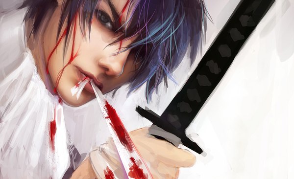 Anime picture 1474x900 with gintama sunrise (studio) hijikata toshiro negshin single short hair simple background wide image white background realistic grey eyes close-up face boy weapon sword katana blood bandage (bandages) neckerchief