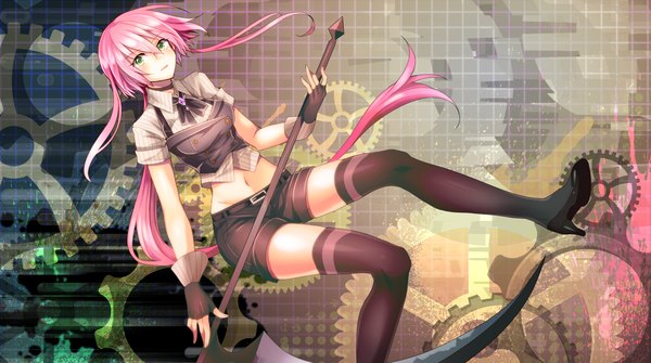 Anime picture 1500x839 with utau toudou charo single long hair looking at viewer blush fringe wide image holding green eyes pink hair bent knee (knees) parted lips bare belly high heels weightlessness girl thighhighs gloves navel