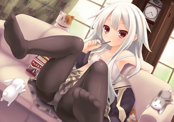 Anime picture 1000x702 with original ryo (botugo) long hair blush light erotic red eyes white hair legs girl skirt underwear panties miniskirt pantyhose sweets cat couch clock bunny pocky