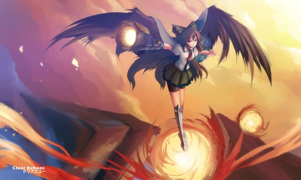 Anime picture 1462x877 with touhou reiuji utsuho clearechoes single long hair black hair red eyes wide image black wings arm cannon girl skirt bow weapon hair bow miniskirt wings fire green skirt fireball