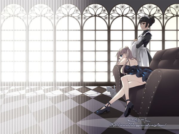 Anime picture 1024x768 with original bomi maid glasses couch