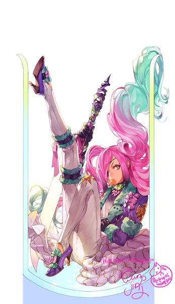 Anime picture 550x950 with original funpjinju single long hair tall image looking at viewer fringe simple background white background sitting twintails holding signed payot full body bent knee (knees) multicolored hair aqua hair two-tone hair high heels