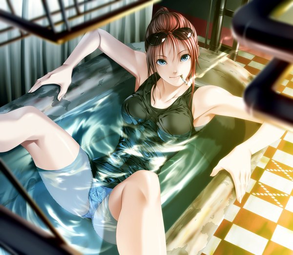 Anime picture 1063x926 with rezi light erotic blue background underwear panties glasses bath