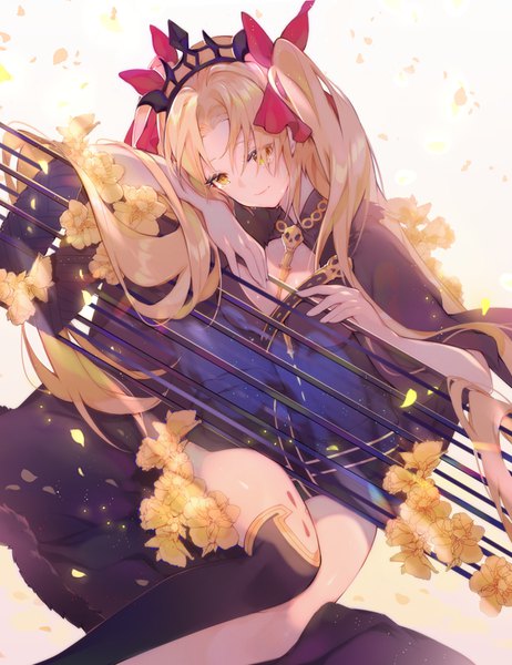 Anime picture 707x918 with fate (series) fate/grand order ereshkigal (fate) miyuki (miyuki0529) single long hair tall image fringe breasts light erotic blonde hair yellow eyes cleavage head tilt light smile hair over one eye two side up looking down between breasts girl