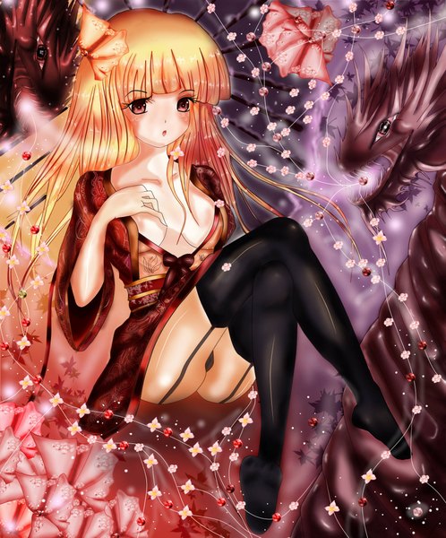 Anime picture 1804x2171 with original antiquedoll8 single long hair tall image blush highres breasts light erotic blonde hair brown eyes traditional clothes japanese clothes pantyshot pantyshot sitting girl thighhighs underwear panties black thighhighs