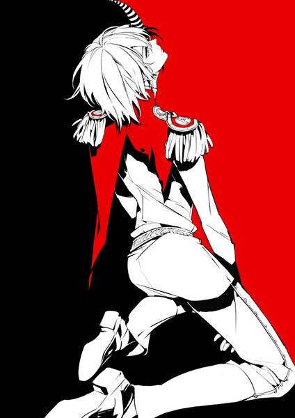 Anime picture 566x800 with persona 5 persona akechi gorou zmore single tall image short hair profile kneeling looking up polychromatic high contrast boy epaulettes